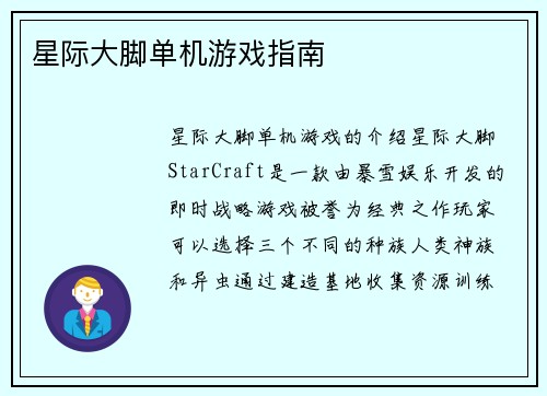 星际大脚单机游戏指南